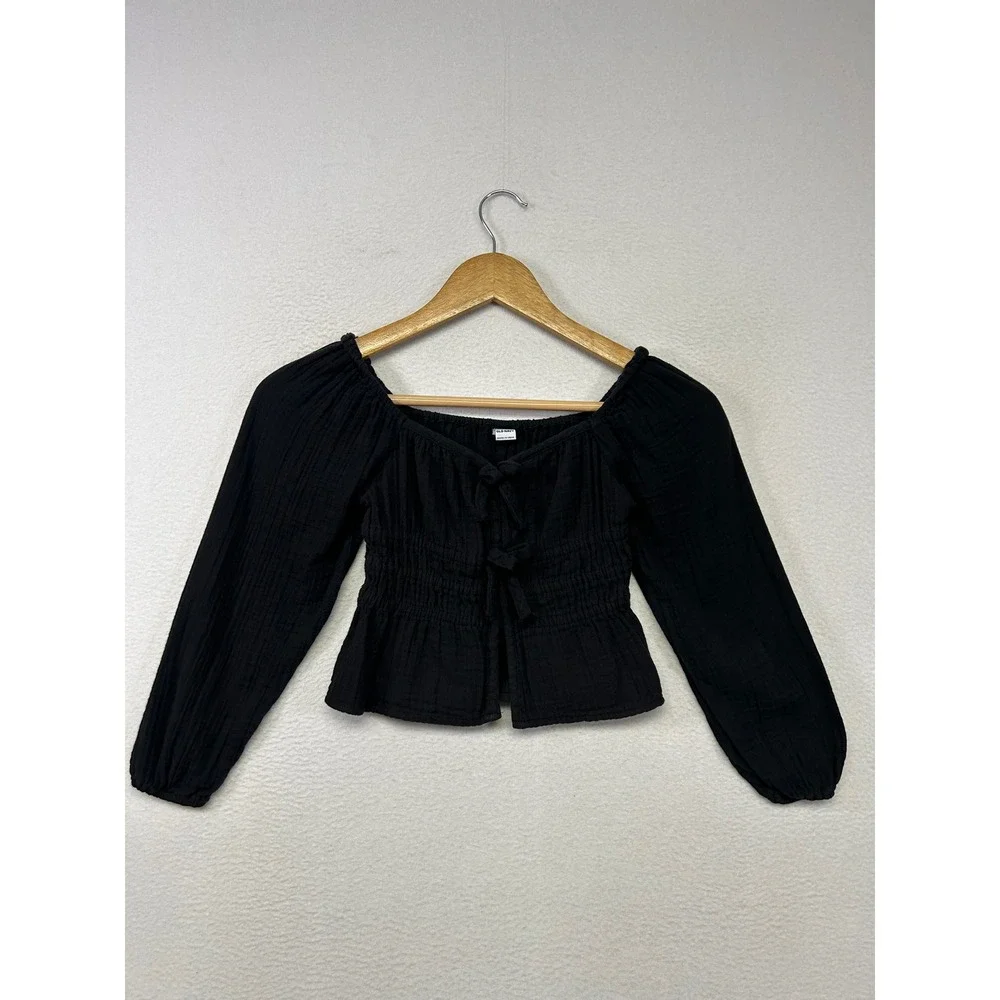 Boho Cottagecore Old Navy Girls S 6-7 Black Smocked Gauze Tie Front Peasant Top